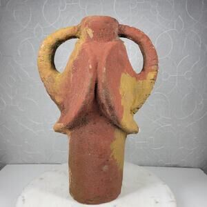 Primitive African Elephant Double Handle Water Jug 15" Red Clay Handmade Vase